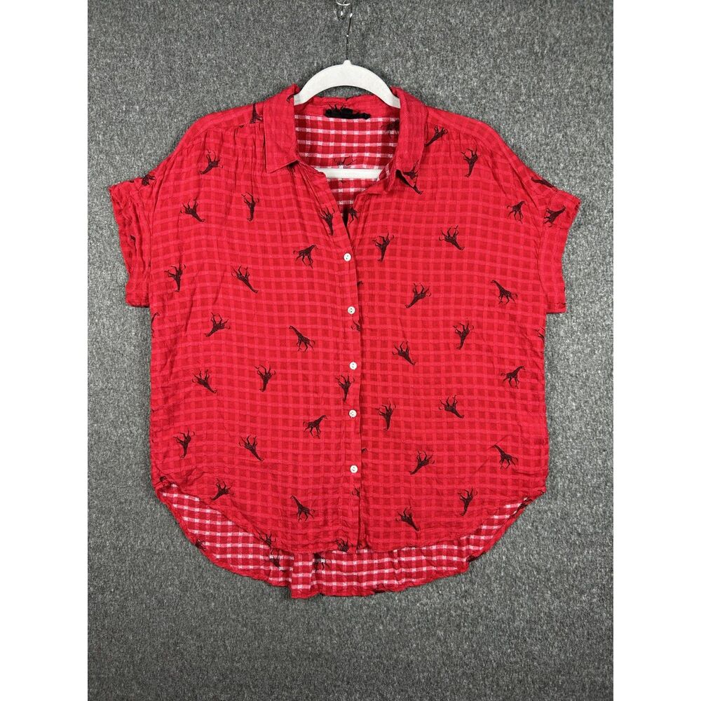 Jane + Delancey Red Giraffe Print Rayon Short Sleeve Button Down Blouse - Size M